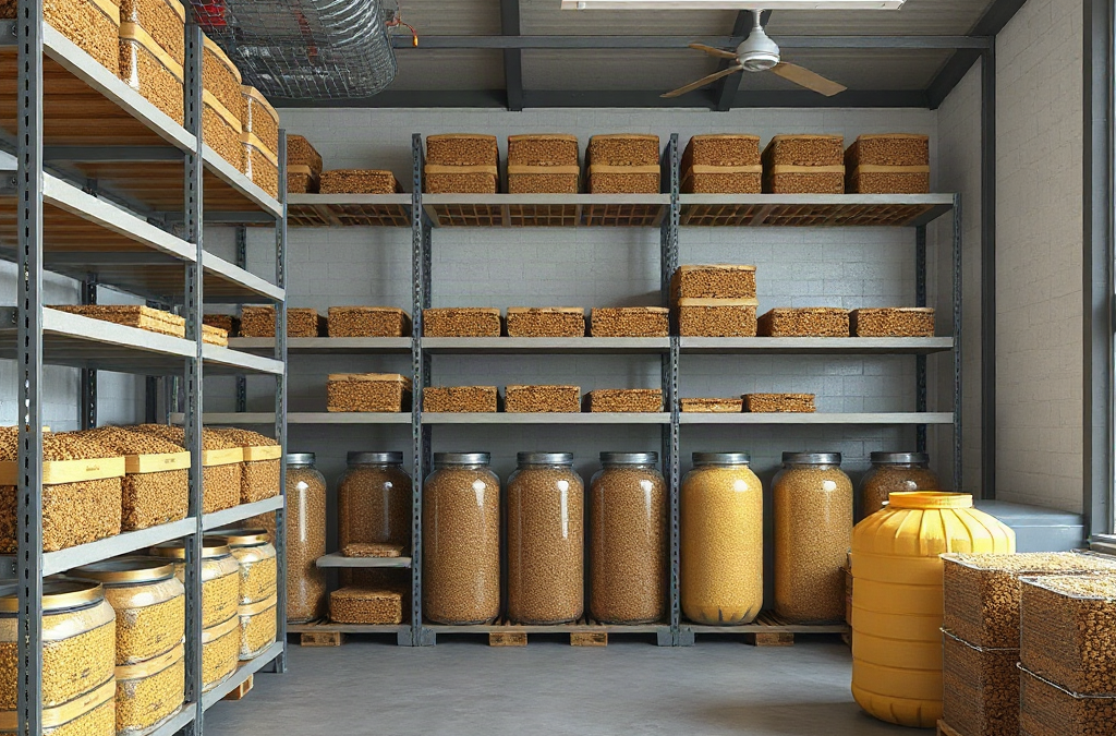 Grain storage shelves and floor clearance