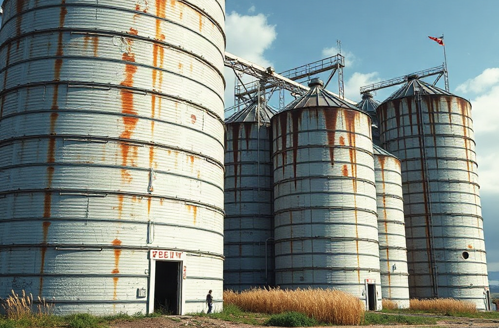 Abandoned grain silo hazards near stored food areas